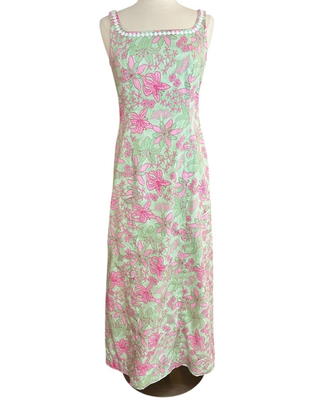 Lilly Pulitzer Mary Mary Maxi Dress RARE Vintage Pink Green Cotton Lace Size 8